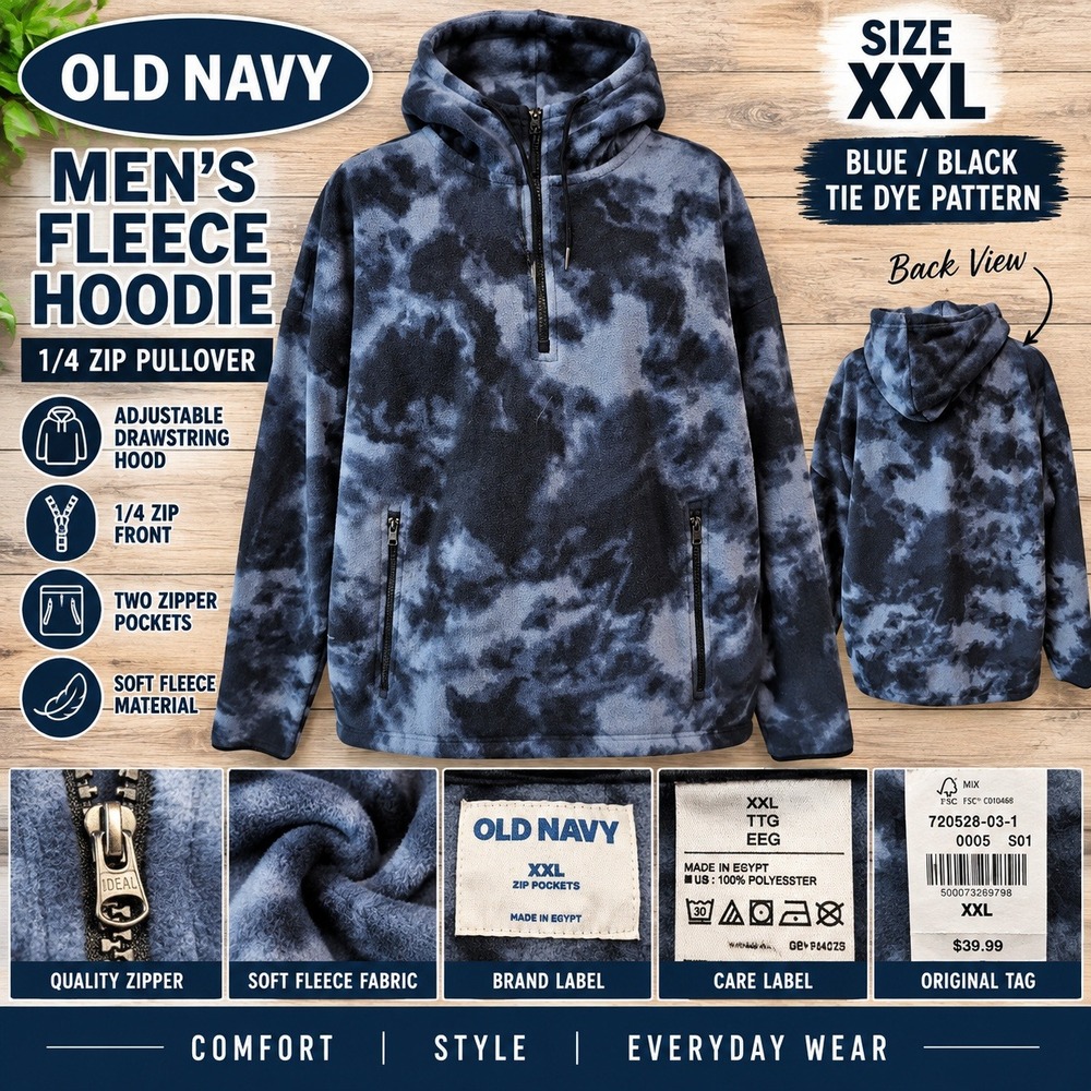 Old Navy Mens Fleece Hoodie 1/4 Zip Pullover Blue Black Tie Dye XXL 720528-03-1